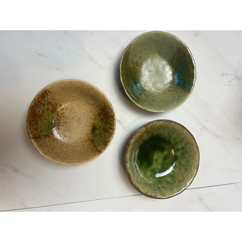 Handmade Ceramic Dipping Bowls‎ Set of 3 Green Brown Reactive Glaze Small 4 inch